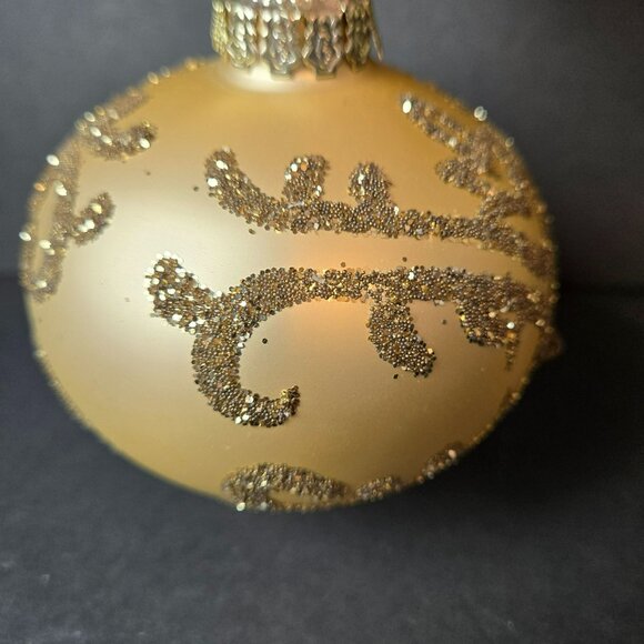 Frontgate Gold Glitter Scroll Glass Ornament 4 Inch Hand Decorated Holiday Decor - Picture 3 of 8